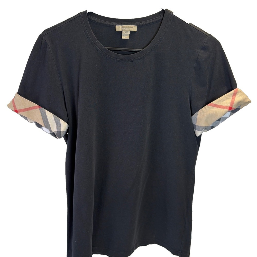 BURBERRY BRIT XL Short Sleeve Black Jersey Nova Check Trim T-Shirt
